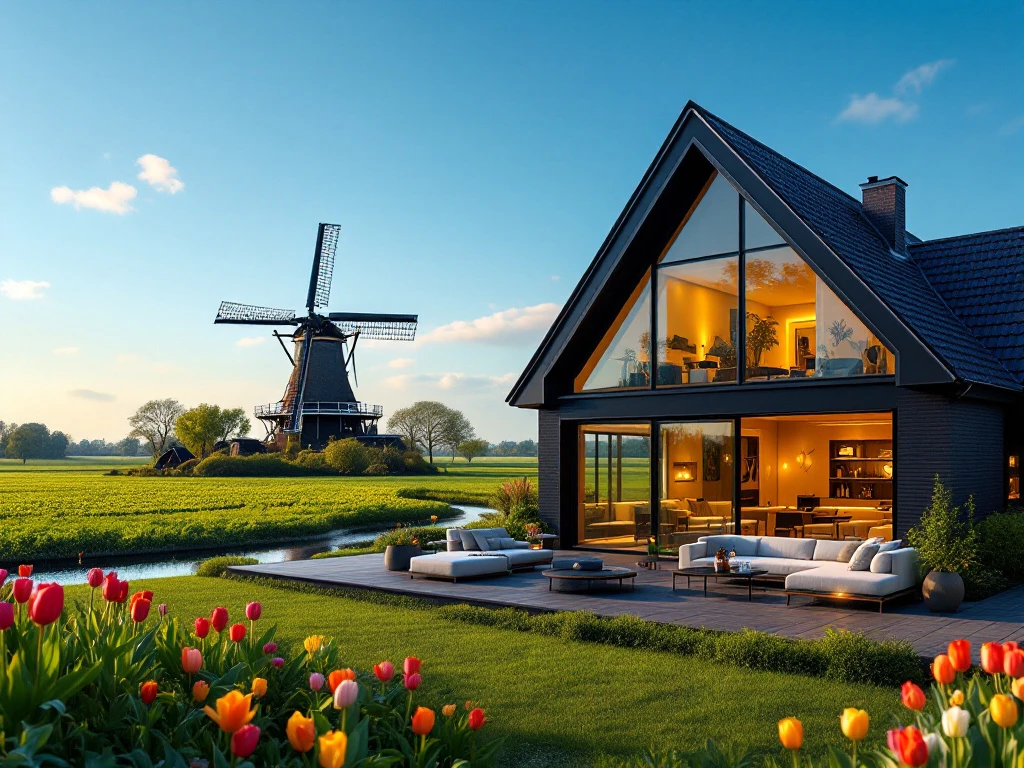Een modern Airbnb met grote ramen en een tuin met tulpen, gelegen in een traditioneel Nederlands landschap met een windmolen.