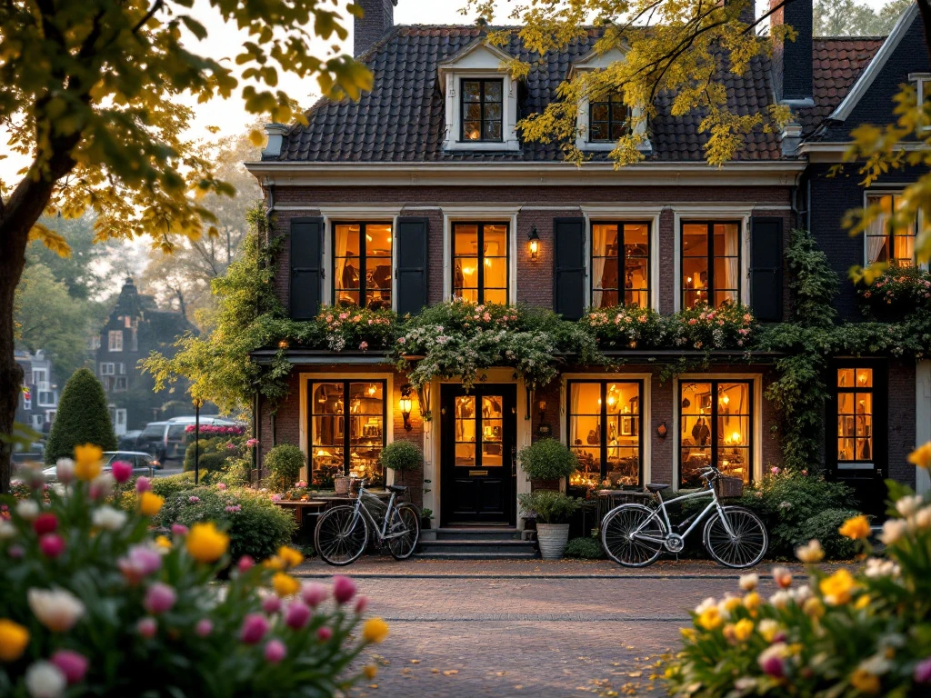 Pittoresk Nederlands hotel met traditionele architectuur, moderne accenten, fietsen, tulpen en warme verlichting. Lush groen landschap.