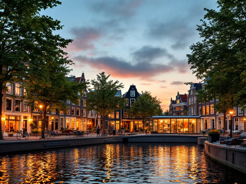 Stad bij schemering met verlichte grachtenhuizen en moderne Airbnb, weerspiegeld in water. Fietsen langs straat, lucht in roze en blauw.