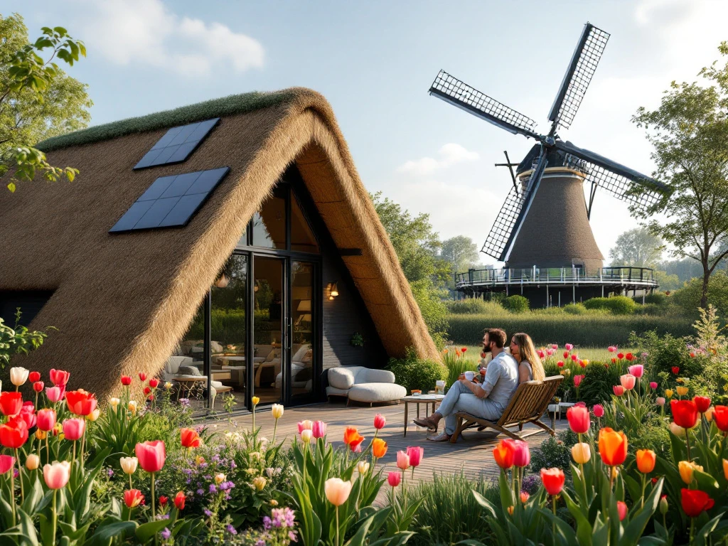 Moderne, duurzame Nederlandse Airbnb met een rieten dak, zonnepanelen, windmolen, en een stel genietend van koffie tussen tulpen.