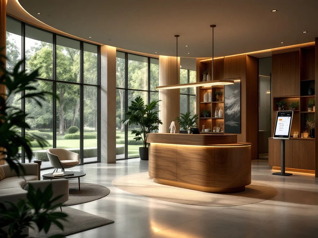 Een serene en luxe hotel lobby met modern ontwerp, houten meubels, groen uitzicht, en technologie, stralend comfort en stijl uit.