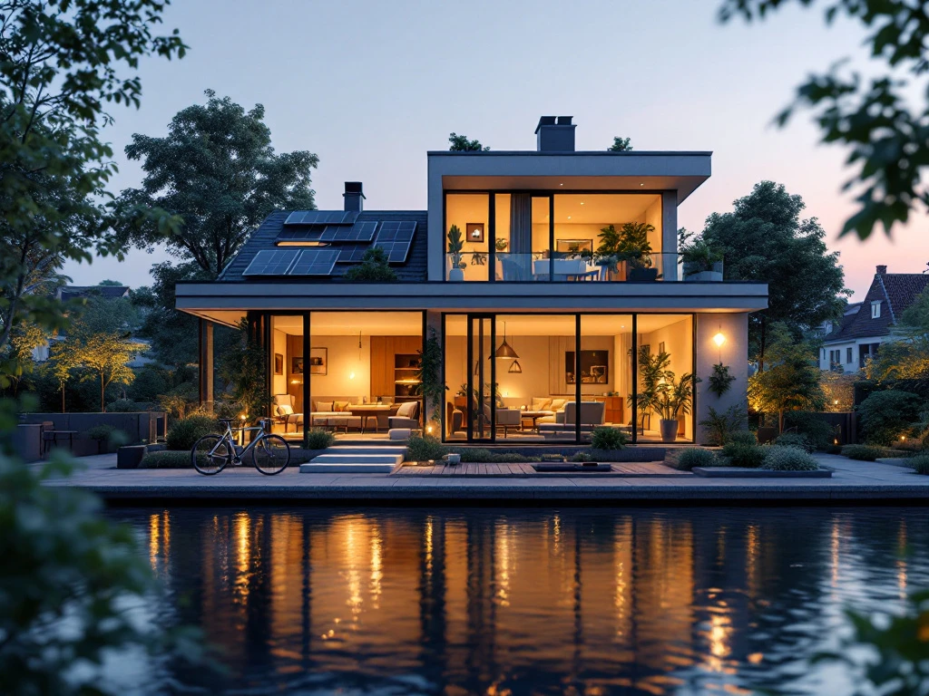 Kanaalscene bij schemering met luxe Airbnb, moderne Nederlandse architectuur, grote ramen, warme verlichting en duurzame elementen.