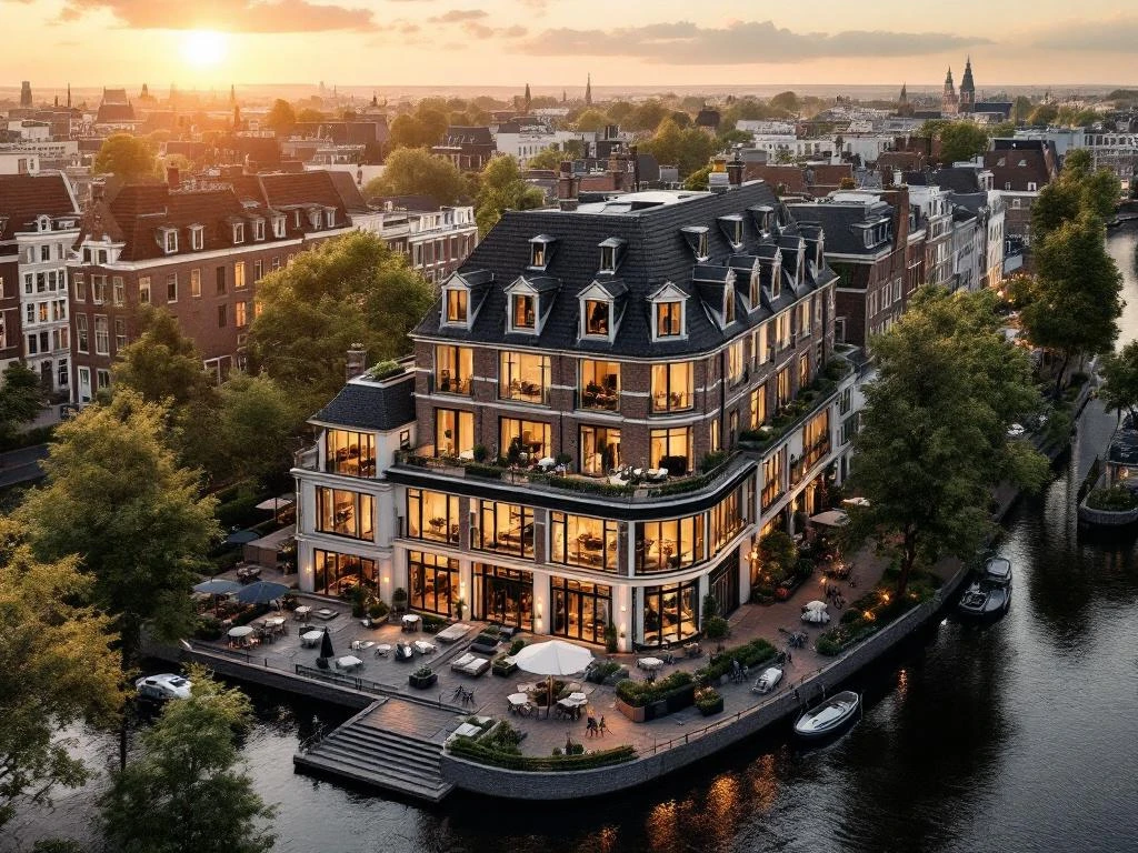 Luxe grachtenpand hotel met trapgevel in Amsterdam tijdens gouden uur, omringd door kanalen en historische architectuur