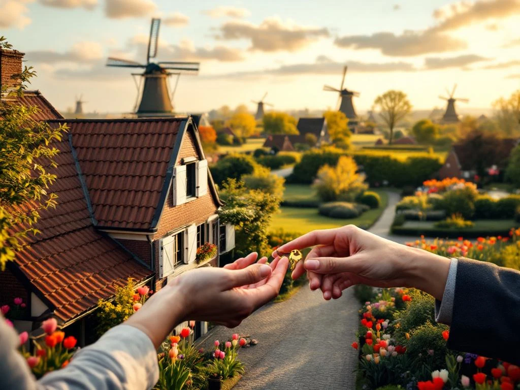 Nederlandse bed and breakfast met rode daken tussen tulpen en windmolens, handen wisselen gouden sleutels uit