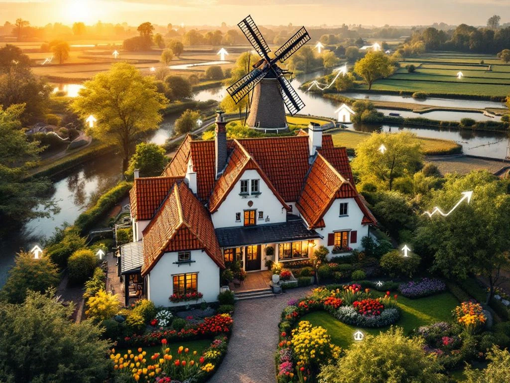 Luchtfoto van Nederlands bed and breakfast met rode dakpannen, witte gevel en kleurrijke tulpentuin bij zonsondergang