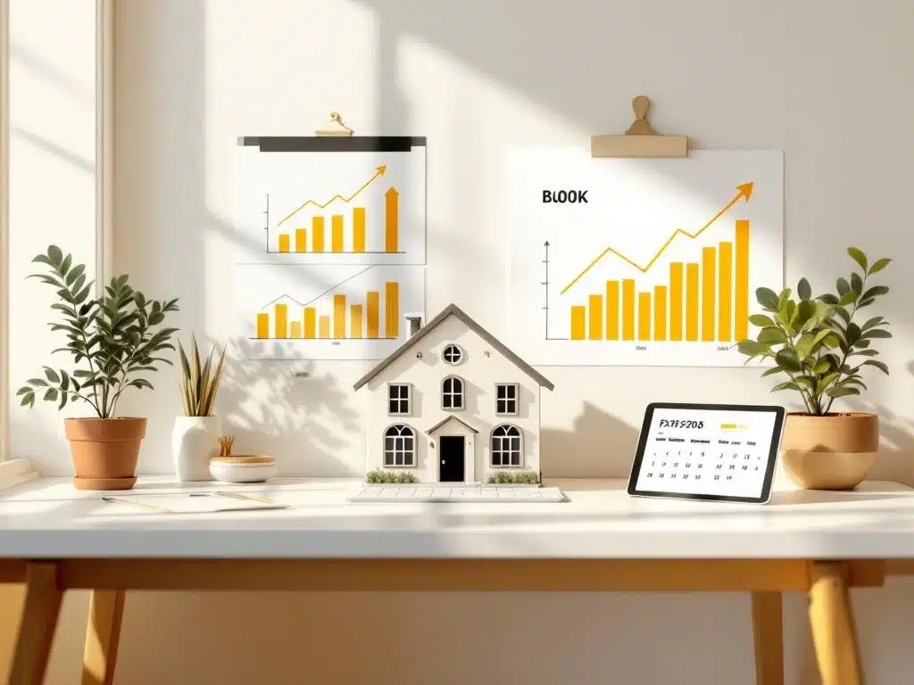 Bed and breakfast pictogram op bureau met stijgende boekingsgrafieken, tablet met reserveringskalender en plantje