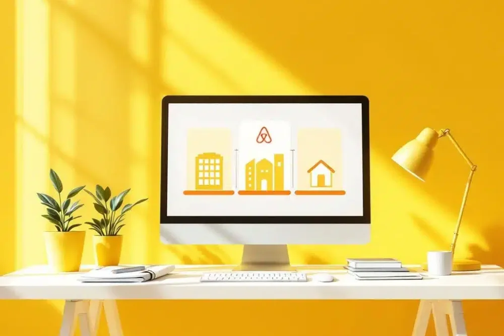 Moderne werkruimte met drie platform iconen voor hotels, Airbnb en Booking.com verbonden door lijnen op geel bureau