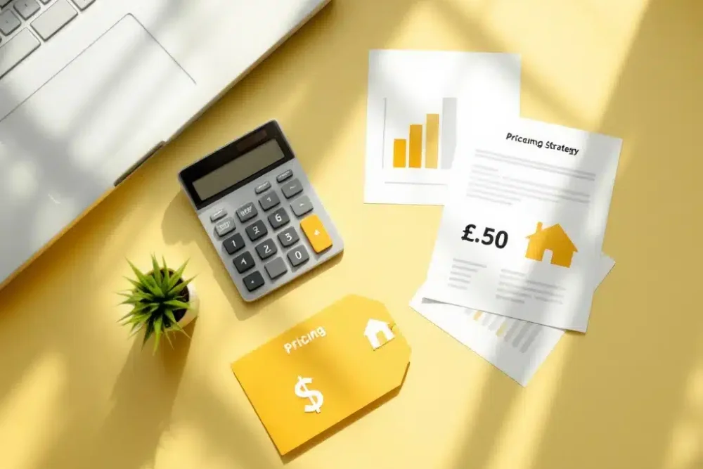 Moderne calculator en documenten met huisprijzen op een minimalistisch bureau met gele accenten en kleine plant