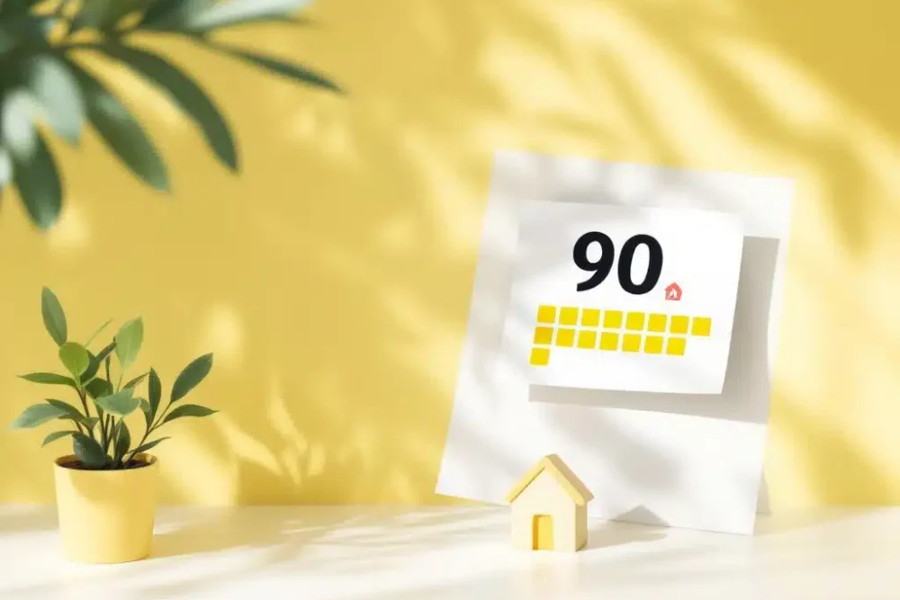 airbnb-90-dagen-regel-kalender-illustratie.jpg Kalender toont "90" naast huisje-icoon en klok, illustreert Airbnb's 90-dagen regel op clean wit bureau met plant