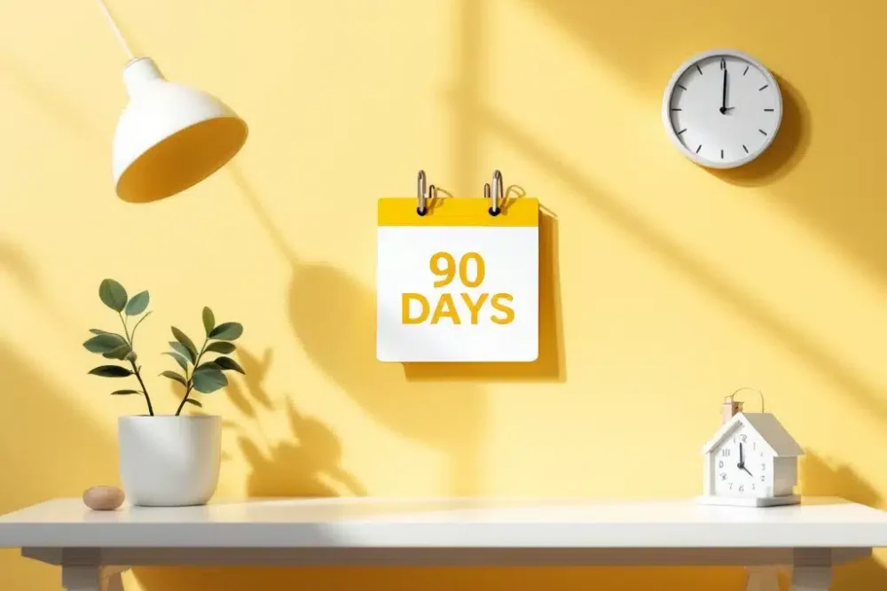airbnb-beheer-90-dagen-regel-illustratie.jpg Schone bureauopzet met kalender waarop "90 DAGEN" is doorgestreept, Airbnb-huisicoon en klok voor accommodatiebeheer