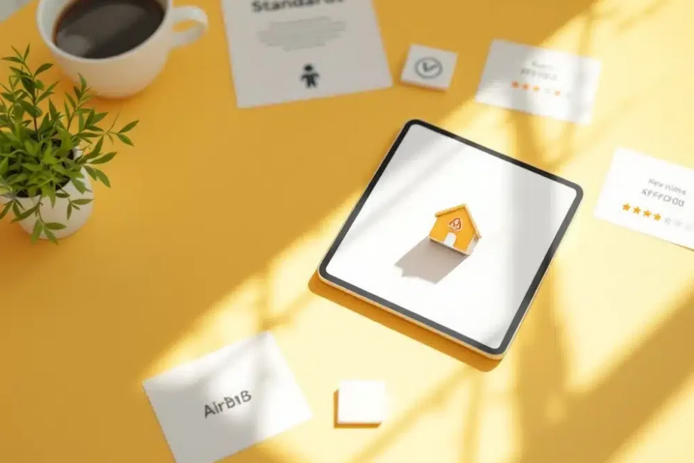 airbnb-standaarden-beheer-illustratie-geel.jpg Minimalistisch bureau met huisicoon op tablet, Airbnb-sterren en sleutels op papieren, gele accenten en plantje