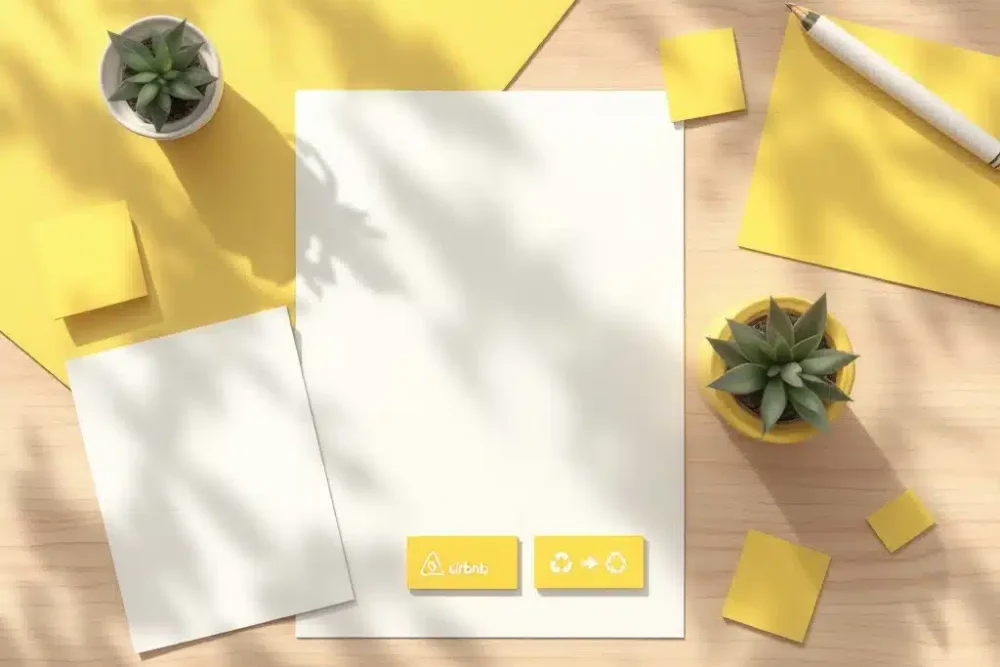 airbnb-duurzaamheid-eco-huis-illustratie.jpg Moderne Airbnb huis icoon met groene duurzaamheidssymbolen op wit papier met gele accenten op houten bureau