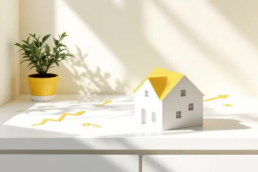 airbnb-optimalisatie-woning-rendement-illustratie.jpg Geel huisicoon op wit bureau met stijgende pijlen en percentagesymbolen op papieren, plantje in hoek voor vastgoed optimalisatie