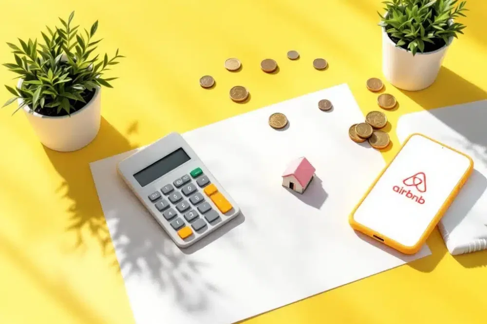 airbnb-financiele-planning-rekenmachine-euro.jpg Miniaturhuis, rekenmachine en euro munten op wit bureau met smartphone met Airbnb logo voor vastgoed investering planning