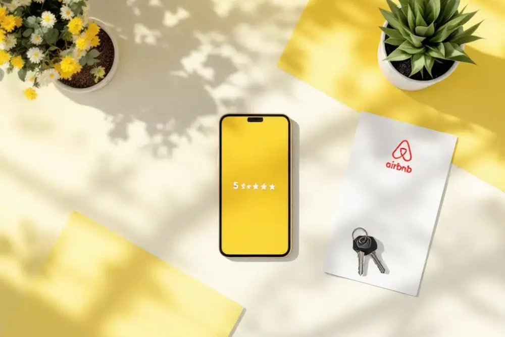 airbnb-beoordeling-5-sterren-smartphone-bureau.jpg Smartphone met 5-sterren beoordeling op witte bureau met documenten, plant en Airbnb hosting elementen