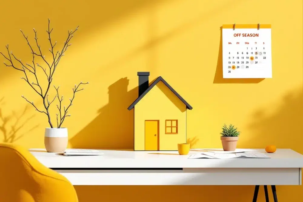 Gezellig Airbnb-huisje icoon op wit bureau met herfst decoratie, gele accenten en seizoensboekingsgrafieken