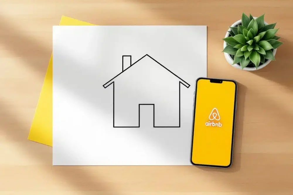 Minimalistische illustratie van huissilhouet op papier naast smartphone met Airbnb-logo en succulent op houten bureau