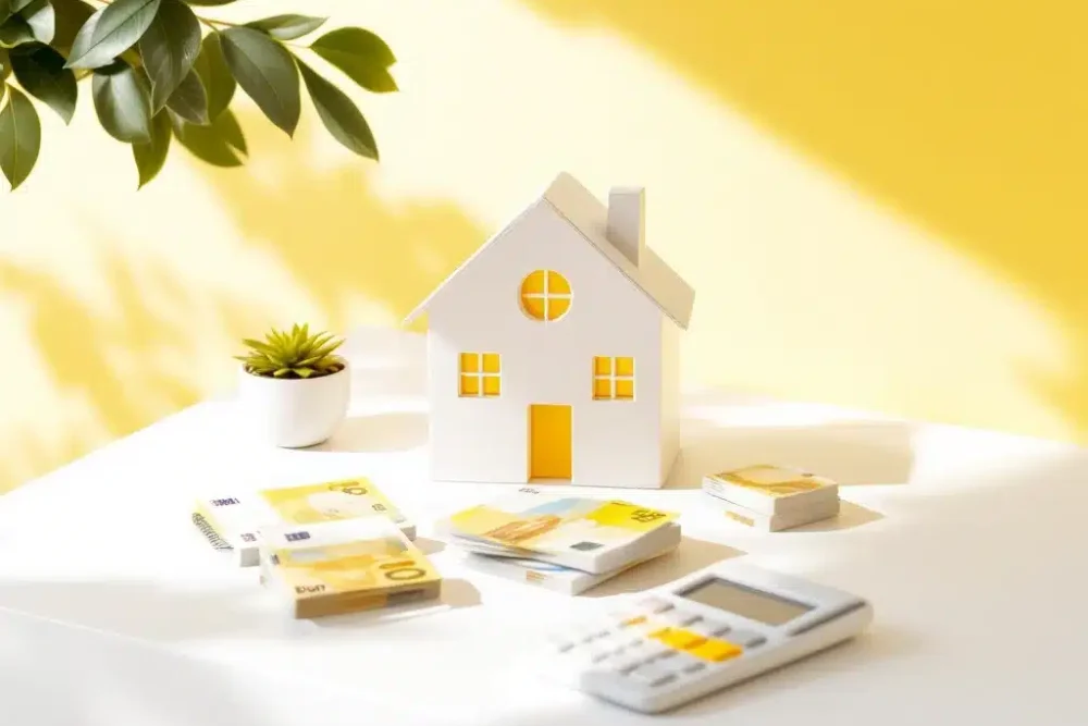 Modern huispictogram op bureau met eurobankbiljetten, rekenmachine en plant voor Airbnb-inkomsten illustratie
