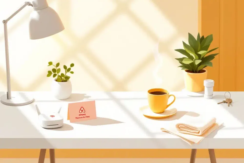 Moderne Airbnb-kamer met gele accenten toont gastvoorzieningen zoals wifi-router, koffiekop en handdoeken op bureau