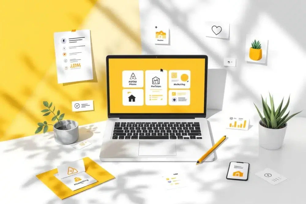 airbnb-marketing-saas-platform-laptop-desk.jpg Laptop toont Airbnb-achtige huisiconen op bureau met marketingkaarten, sociale media-pictogrammen en plant