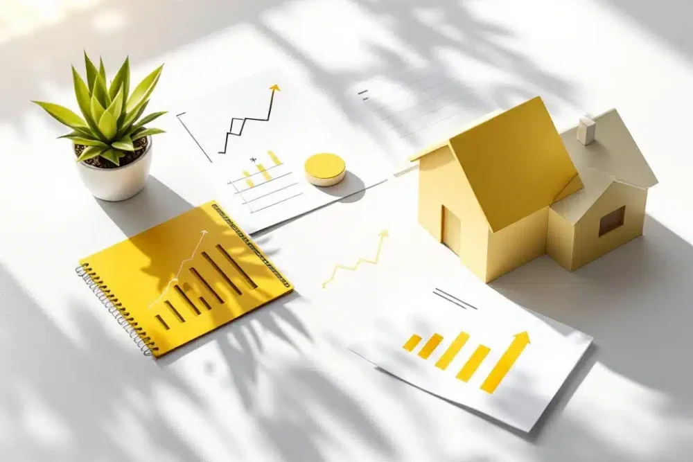 airbnb-marktanalyse-accommodatie-beheer-trends.jpg Geel huisicoon op wit bureau met papieren vol stijgende grafieken voor Airbnb marktanalyse en accommodatiebeheer
