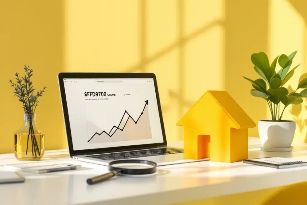 airbnb-zichtbaarheid-optimalisatie-huis-laptop.jpg Geel huisje icoon op wit bureau naast laptop met grafieken, vergrootglas en plantje voor Airbnb optimalisatie