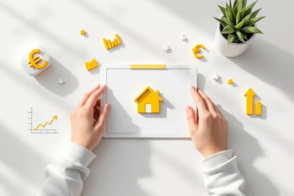 Huisvormig pictogram op tablet met stijgende prijsgrafieken en euro-symbolen voor Airbnb-prijsoptimalisatie