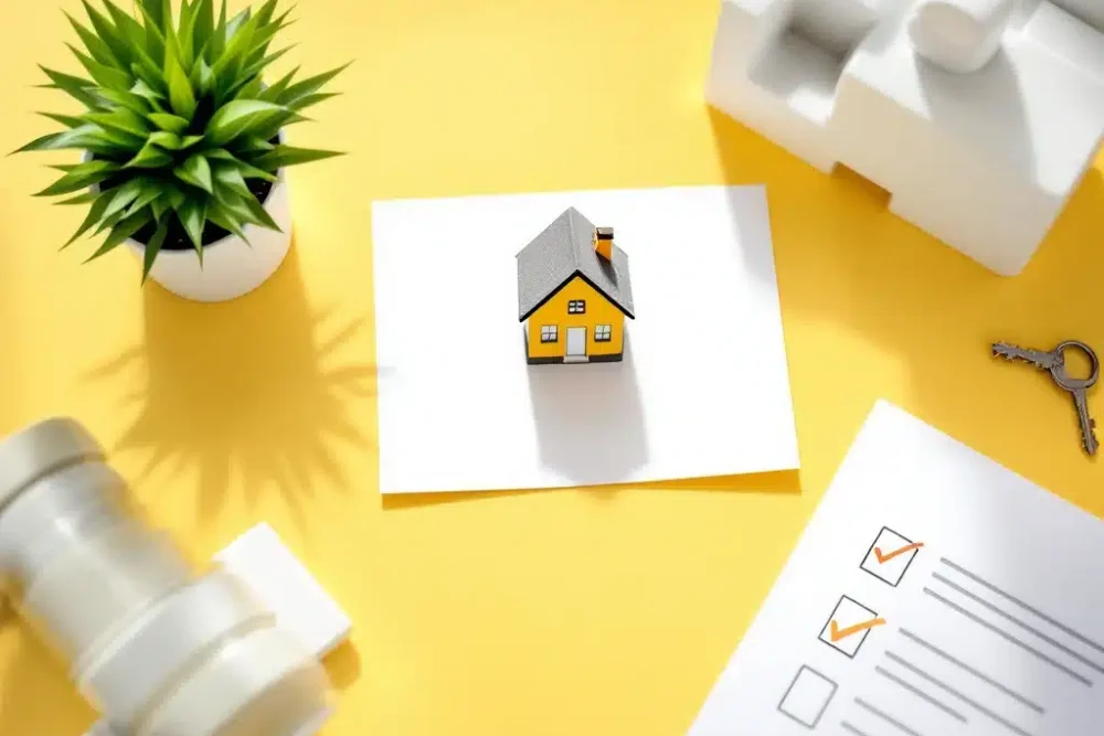 airbnb-regelgeving-verhuur-wetgeving-illustratie.jpg Minimalistisch bureau met huisicoon op wit document, omringd door juridische symbolen voor Airbnb regelgeving