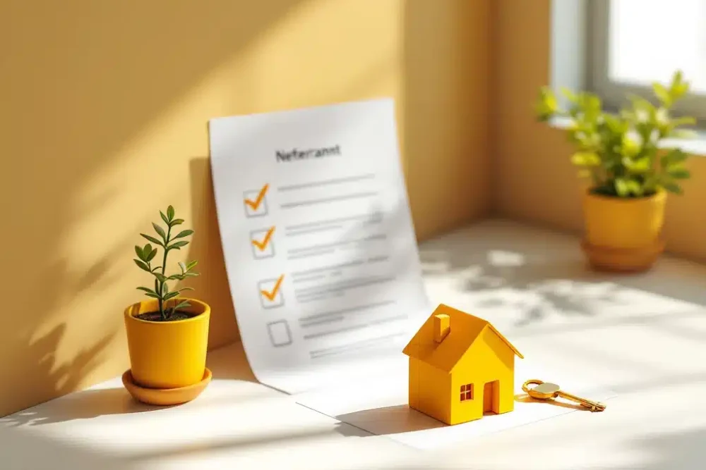 airbnb-regelgeving-nederland-huis-sleutel.jpg Geel speelgoed huisje op wit bureau met juridisch document en sleutel, illustratie van Airbnb regelgeving Nederland