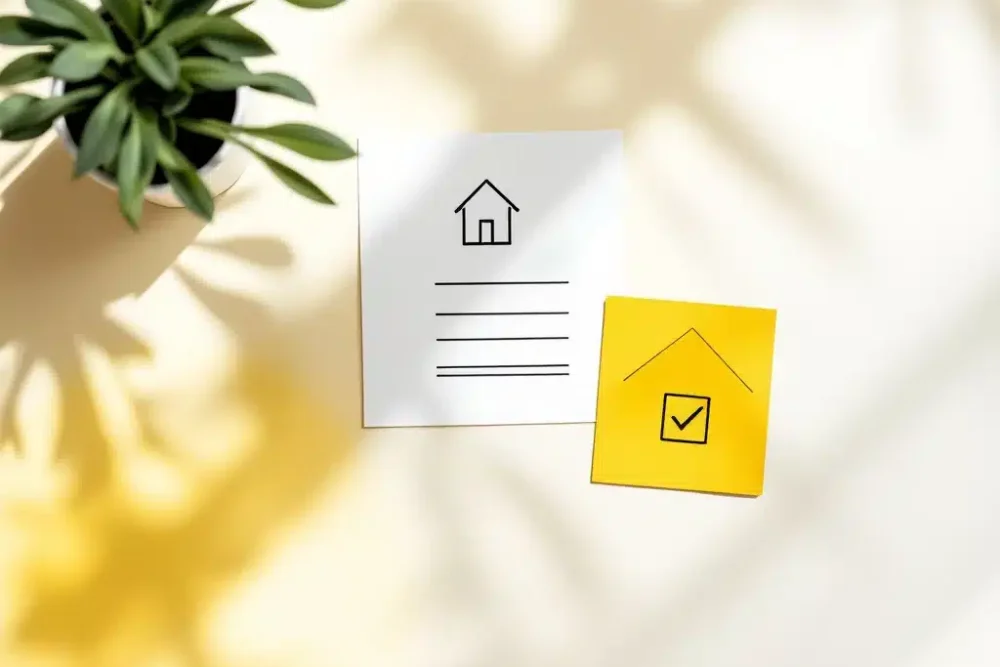 Airbnb registratiedocument met vinkje naast huisicoon op wit bureau, gele accenten, minimalistische stijl
