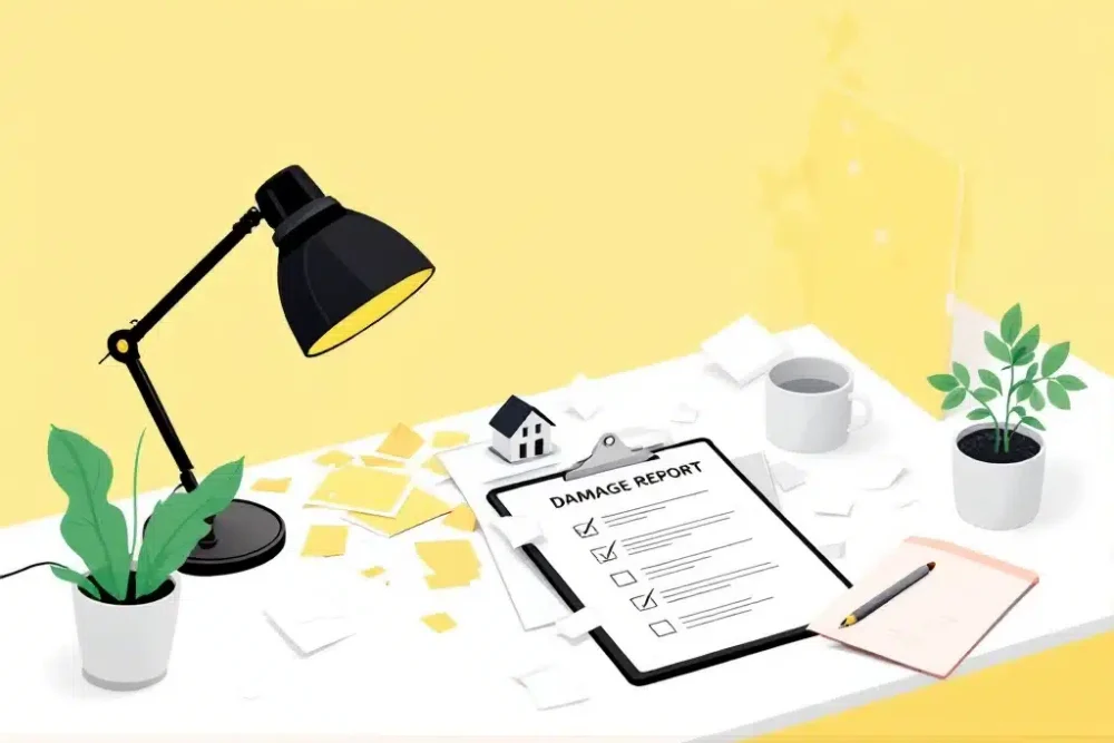 airbnb-schade-beheer-vakantieverhuur-rapport.jpg Minimalistisch bureau met beschadigde vakantiewoning illustratie, schade rapport checklist en huisje icoon op gele achtergrond