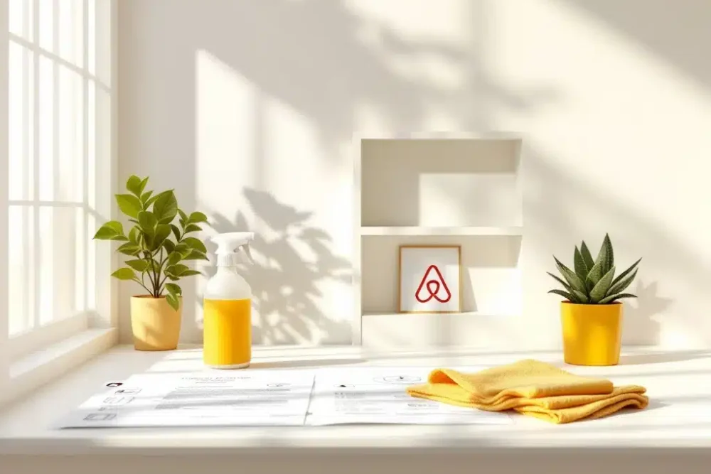 airbnb-schoonmaak-service-illustratie-geel.jpg Minimalistische dwarsdoorsnede van Airbnb woning in geel met schoonmaakspray, doek en documenten op wit bureau