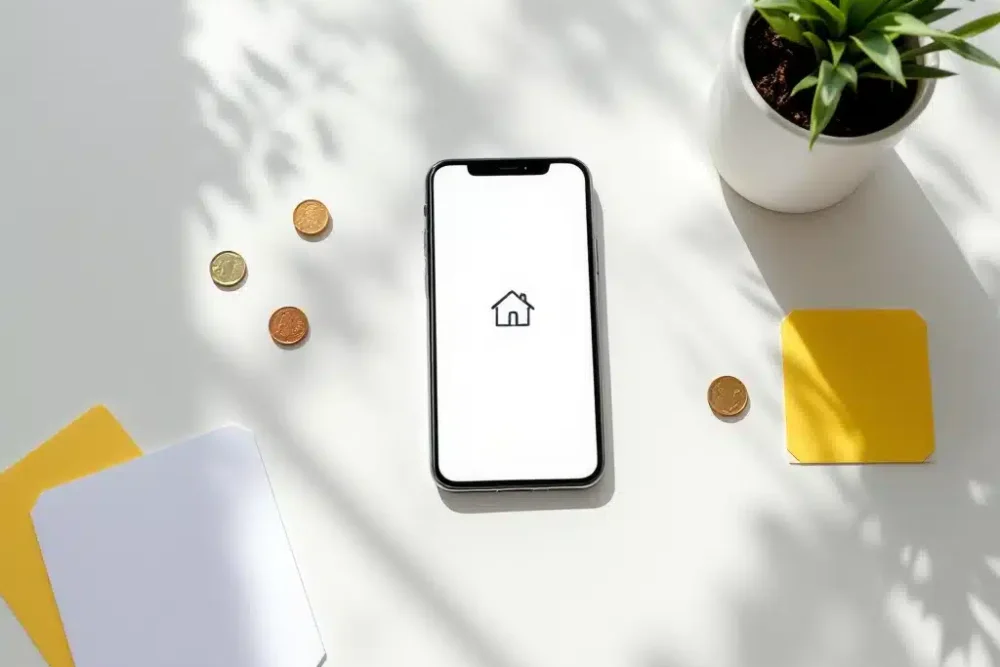 airbnb-schoonmaakkosten-smartphone-euro-thumbnail.jpg Smartphone met huisicoon naast euromunten en plant op witte bureau, geel accent - Airbnb schoonmaakkosten concept