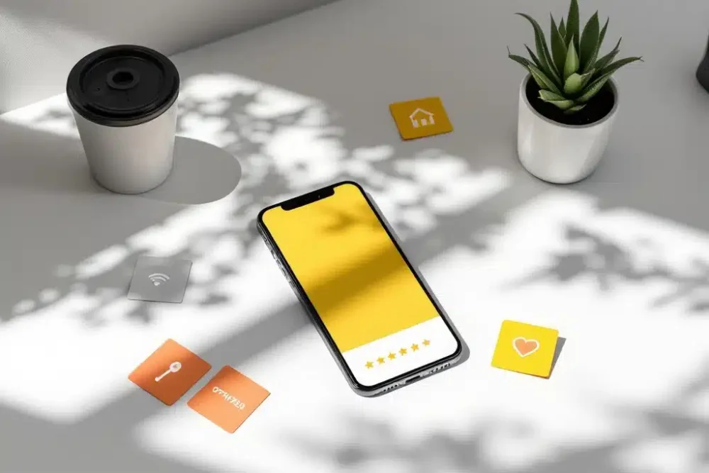 airbnb-smartphone-app-interface-optimalisatie.jpg Smartphone met Airbnb-achtige app interface op bureau, gele huis-icoon zichtbaar, omringd door optimalisatie symbolen