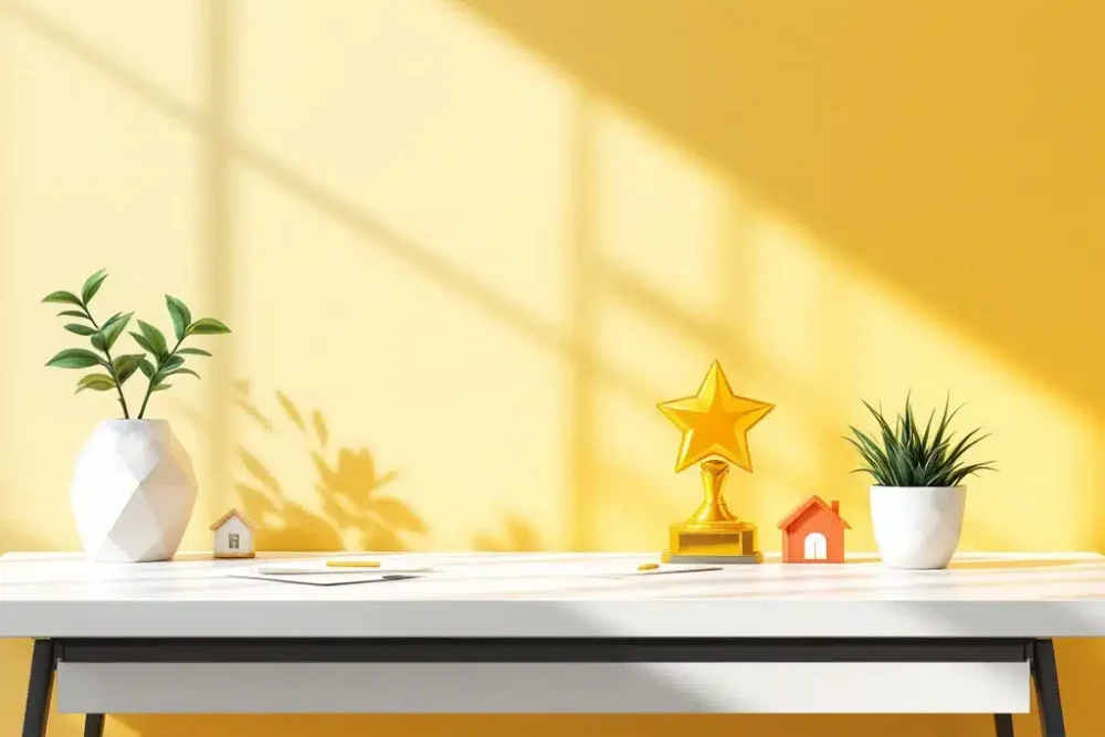 airbnb-superhost-status-gouden-trofee-badge.jpg Gouden trofee op wit bureau symboliseert Airbnb Superhost status met huisicoon en plant op achtergrond