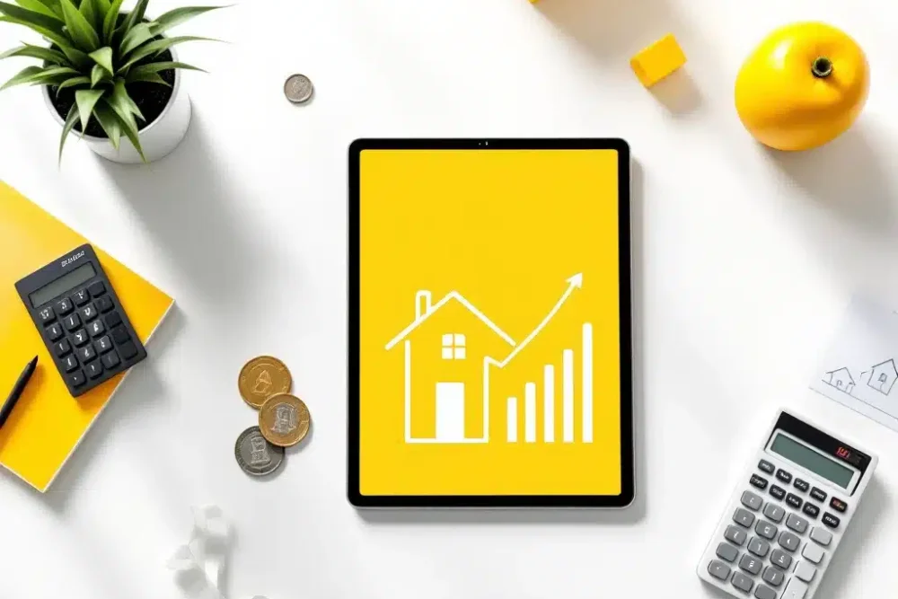 Tablet met huisicoon en stijgende inkomstengrafiek op moderne werkplek met euromunten, calculator en Airbnb-documenten