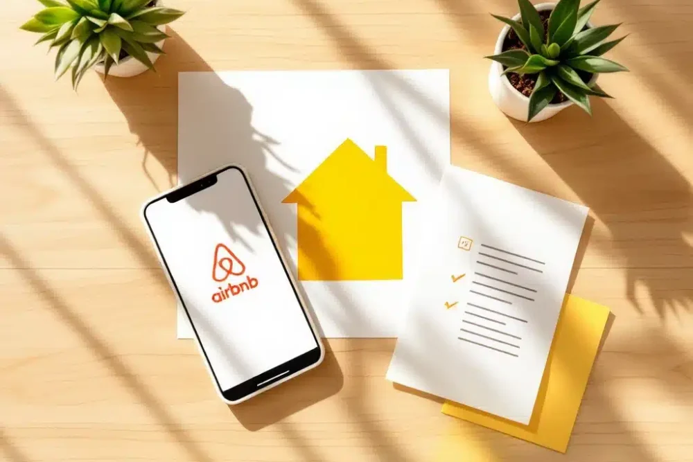 airbnb-verhuur-regelgeving-consultatie-huis.jpg Moderne huissilhouet op papier naast smartphone met Airbnb-logo en juridisch contract op houten bureau met vetplant
