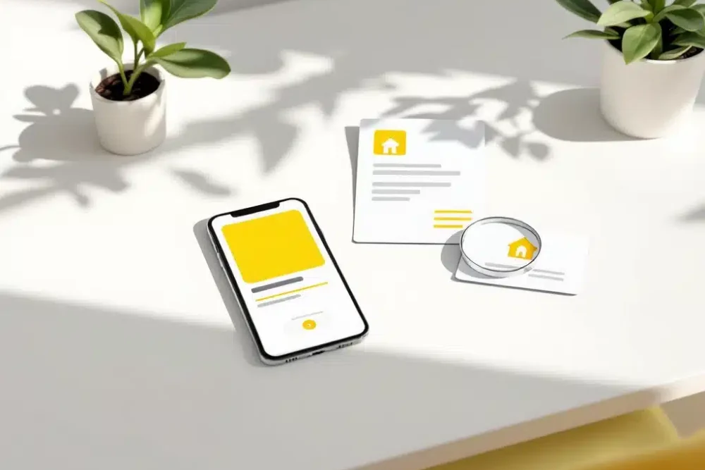 airbnb-verificatie-smartphone-vertrouwen-illustratie.jpg Smartphone met Airbnb-interface naast vergrootglas over verificatiedocumenten op wit bureau met gele accenten