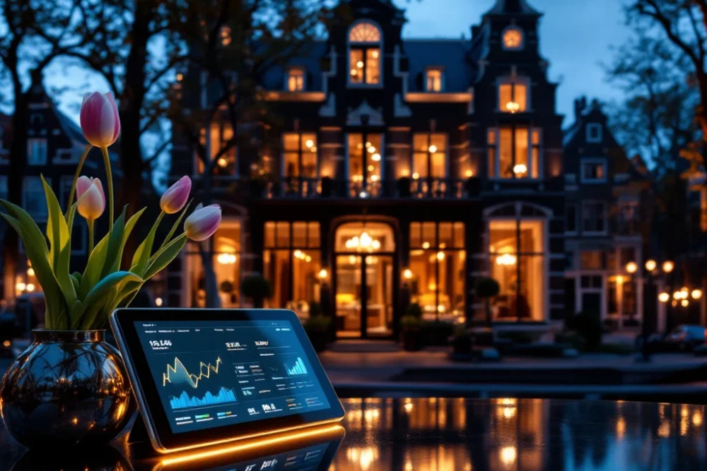 amsterdam-boutique-hotel-gracht-luxe-digitaal.jpg Luxe boetiekhotel aan Amsterdamse gracht bij gouden uur, met traditionele architectuur en digitale marketingelementen in de elegante receptie.
