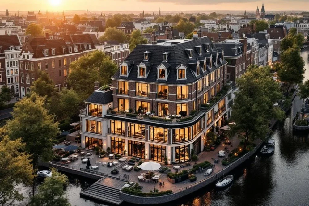 Luxe grachtenpand hotel met trapgevel in Amsterdam tijdens gouden uur, omringd door kanalen en historische architectuur