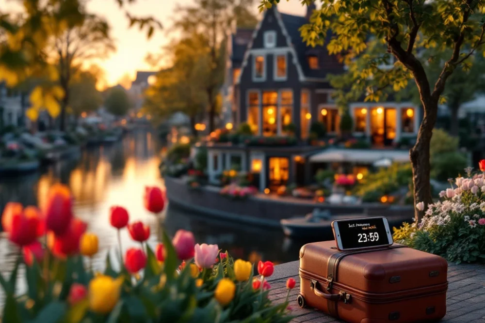 amsterdam-grachtenhuizen-lastminute-aanbieding-luxe-verblijf.jpg Traditioneel Amsterdams grachtenpand bij gouden uur met smartphone die lastminutedeal toont, halfgepakte koffer, tulpen en klok die 23:59 weerkaatst in het kanaal.