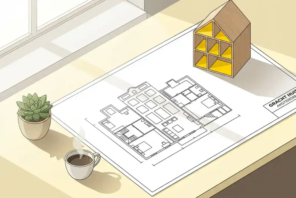 Architecturale plattegrond van Amsterdams grachtenpand op bureau met houten huismodel, plant en koffiekop