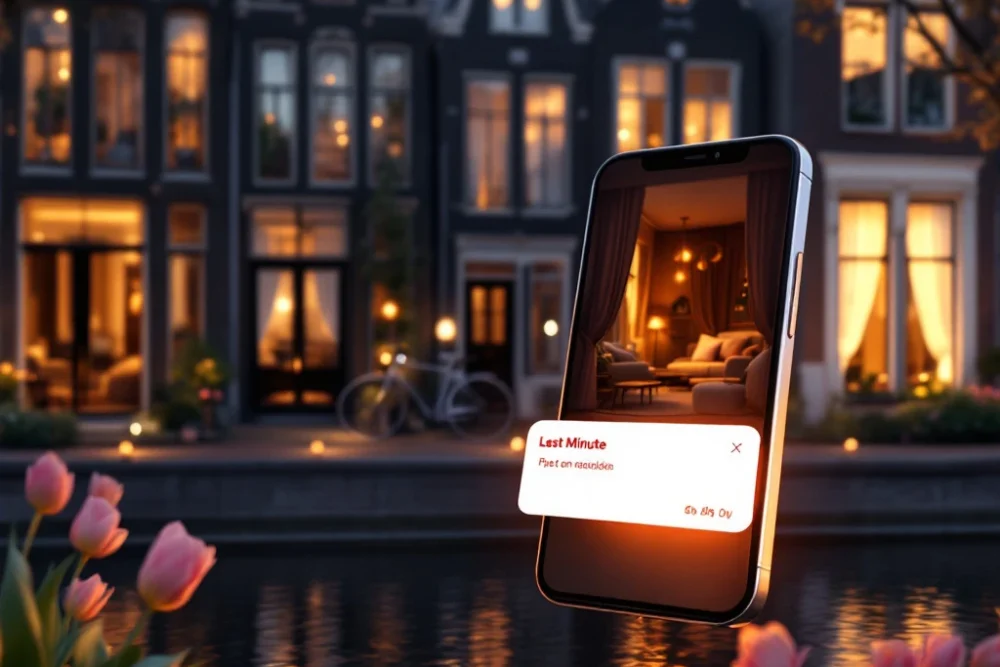 amsterdam-grachtenpand-last-minute-smartphone-gouden-uur.jpg Luxe Amsterdams grachtenpand bij gouden uur met smartphone die last-minute melding toont. Traditionele architectuur weerspiegelt in kalm water, met tulpen en fiets langs de kade.