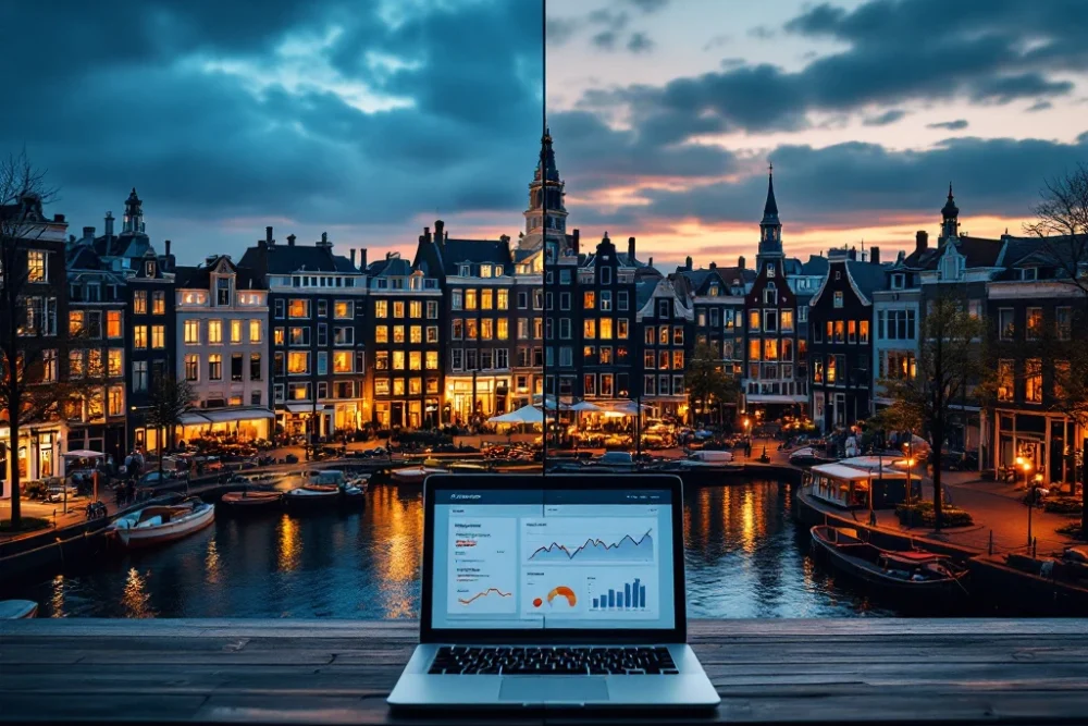 amsterdam-gracht-hotel-bezetting-analyse-vergelijking.jpg Vogelperspectief van Amsterdams luxe grachthotel, gesplitst tussen volle bezetting en leegstand, met dashboard waarop dalende statistieken zichtbaar zijn