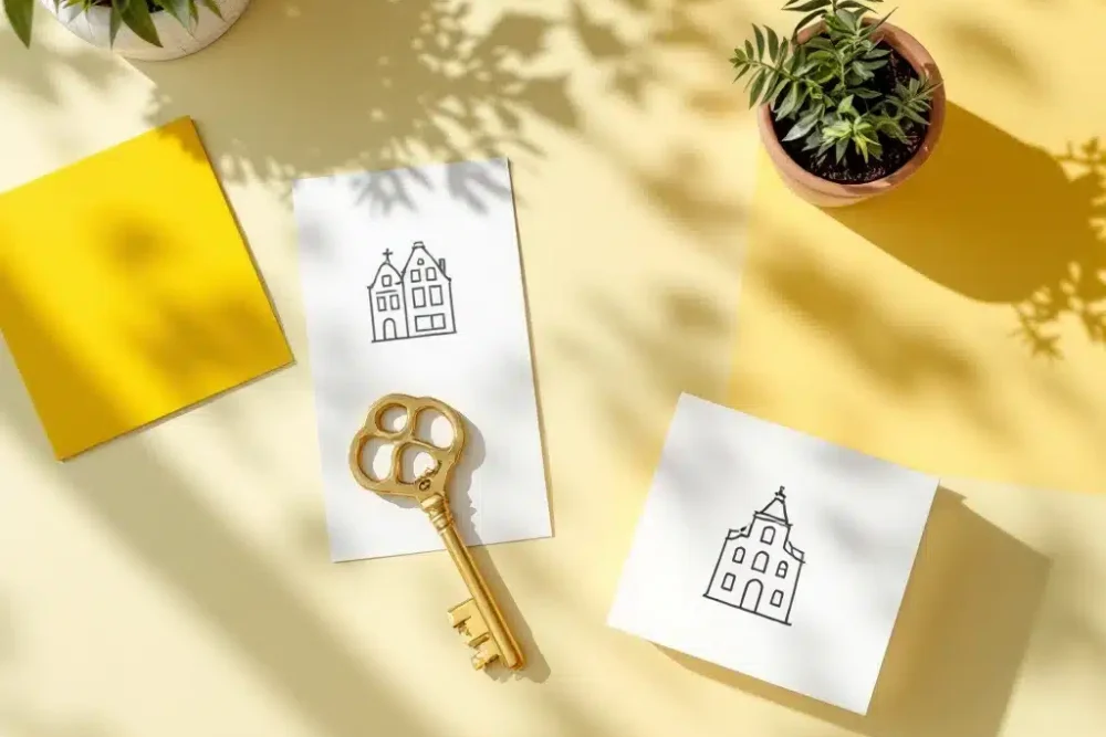 amsterdam-canal-huizen-gouden-sleutel-illustratie.jpg Minimalistische illustratie van Amsterdam grachtenpanden op witte kaarten met gouden sleutel en plantje op bureau