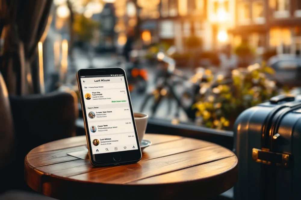 amsterdam-lastminute-vakantie-smartphone-grachten.jpg Smartphone met last-minute accommodatie-aanbiedingen in een Amsterdams koffiehuis, met uitzicht op grachtenhuizen, fietsen en een koffer klaar voor vertrek in het middaglicht.