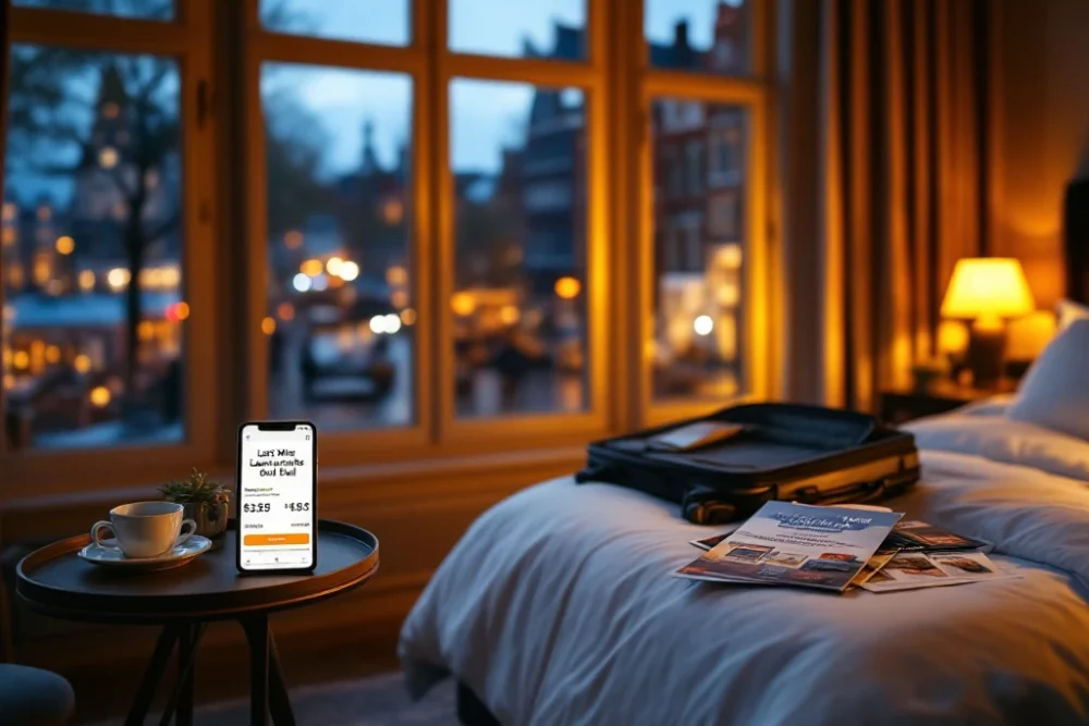 luxe-amsterdam-grachtenpand-hotel-lastminute-aanbieding.jpg Luxe hotelkamer in Amsterdams grachtenpand met zicht op historische grachten, smartphone met last-minute aanbieding en halfgepakte koffer op het bed.