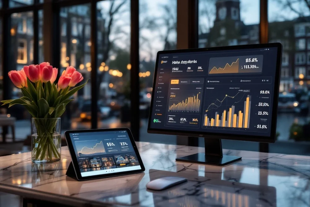 amsterdam-hotel-grachten-digitaal-marketing-dashboard.jpg Luxe hotellobby in Amsterdam met grachtzicht, digitaal dashboard met bezettingsgrafieken en boekingsgegevens op moderne apparaten, omringd door Nederlands design en tulpen.