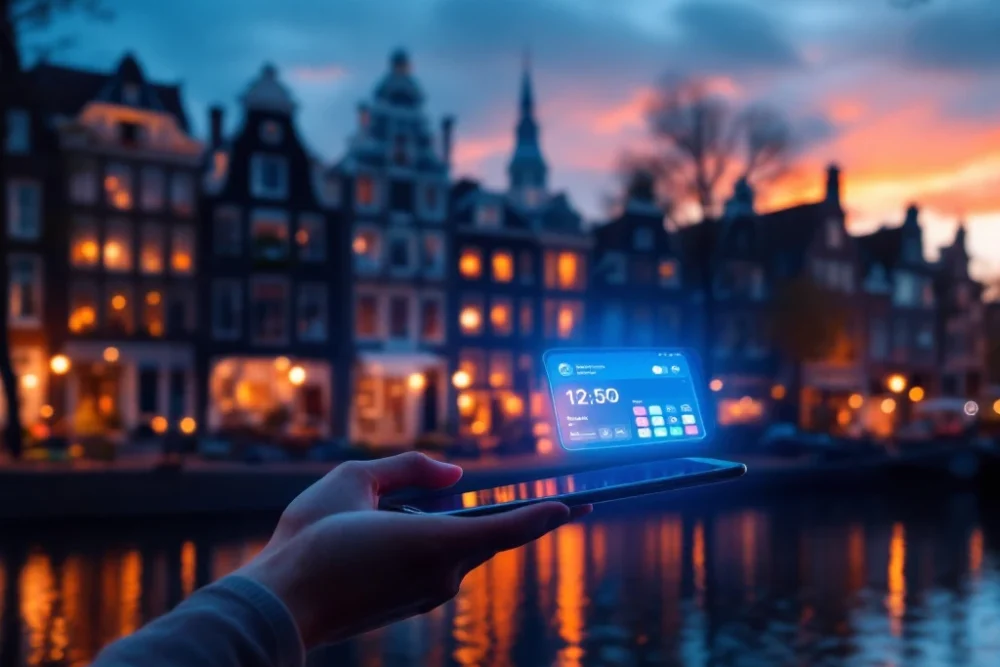 amsterdam-lastminute-boeken-smartphone-grachten.jpg Smartphone met boekingsapp zweeft boven Amsterdams grachtenlandschap bij schemering, met traditionele architectuur en warme verlichting weerspiegeld in het water.