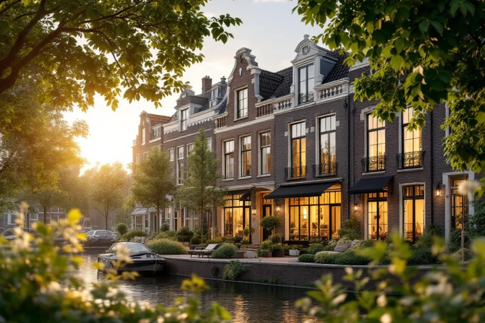 Een elegant Nederlands herenhuis bij een Amsterdamse gracht, verlicht door de zonsondergang, omgeven door groen, straalt luxe en duurzaamheid uit. Fotorealistisch beeld van een elegant Amsterdams grachtenpand bij zonsondergang, omgeven door groen, symbool voor duurzaamheid en luxe.